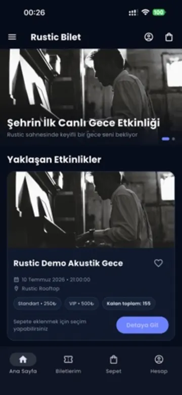 Rustic Bilet uygulaması ekranı