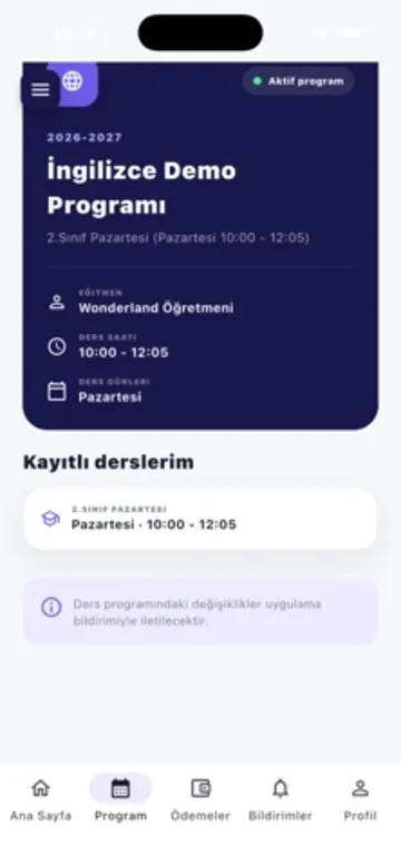Wonderland Dil Okulu uygulaması ekranı