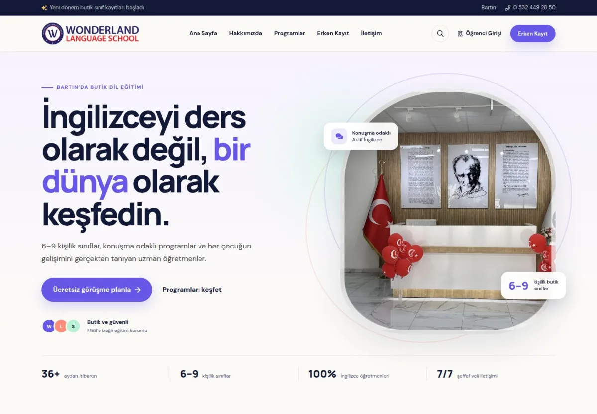 Wonderland Dil Okulu web sitesi önizlemesi